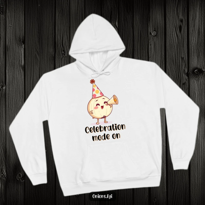 Funny Hoodie: Onion character in festive attire, comically honking a party horn, spreading joy and humor. A perfect funny gift.