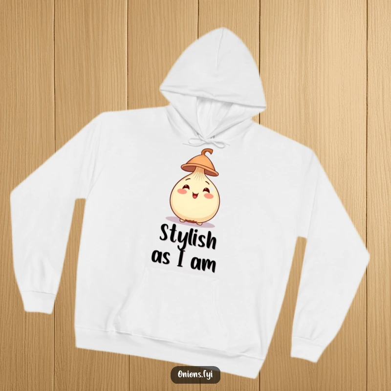 Funny Onion Hoodie featuring a cheerful onion with a small, stylish hat perched atop its round head.