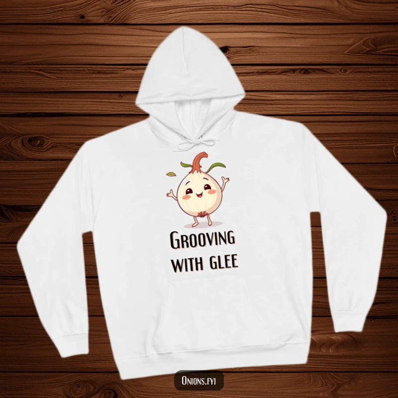 Funny dancing onion hoodie, a smiling onion character with leaves flying while dancing, comfortable and expressive apparel.