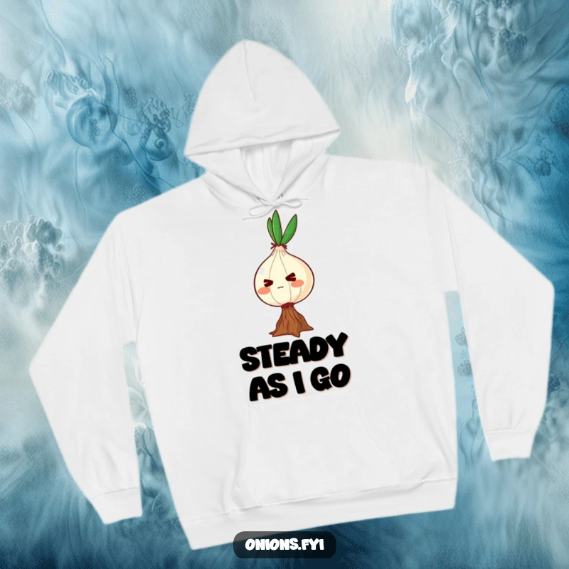 Funny hoodie depicting a determined onion character attempting to balance on a single root, representing focus and effort.