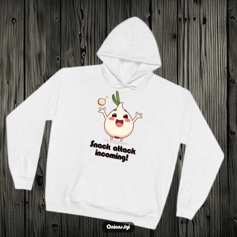 Funny onion character excited, arms outstretched catching onion slice, cozy hoodie, enthusiastic and funny gift.