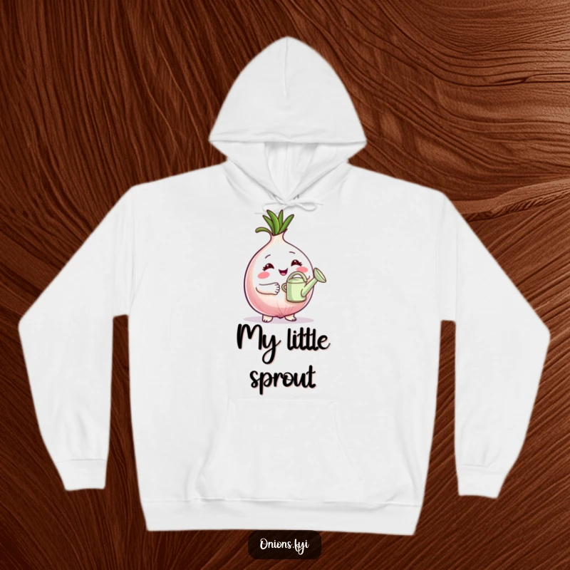 Funny Hoodie: Proud onion character holding a tiny watering can, radiating a sense of accomplishment and love for plants. A perfect funny gift.