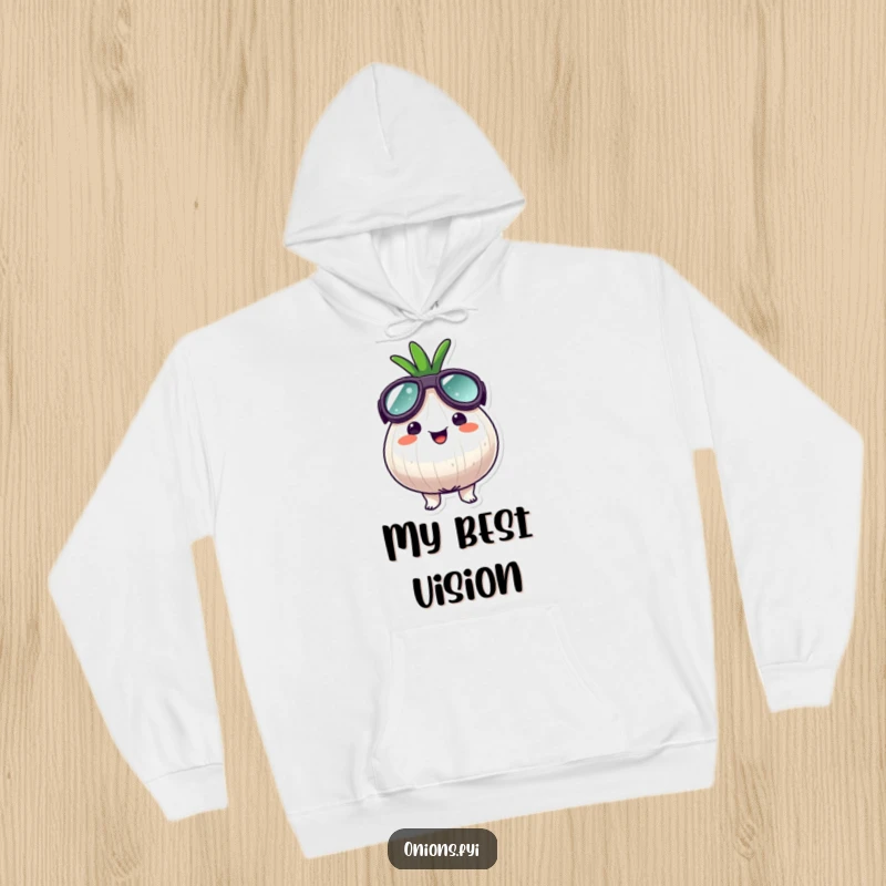 Funny goggle onion hoodie, an onion character wearing oversized goggles, looking surprisingly happy and prepared for anything.