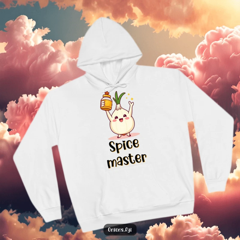 Funny hoodie with a triumphant onion character holding a golden spice jar, offering warmth and a humorous take on culinary success. Ideal gift.