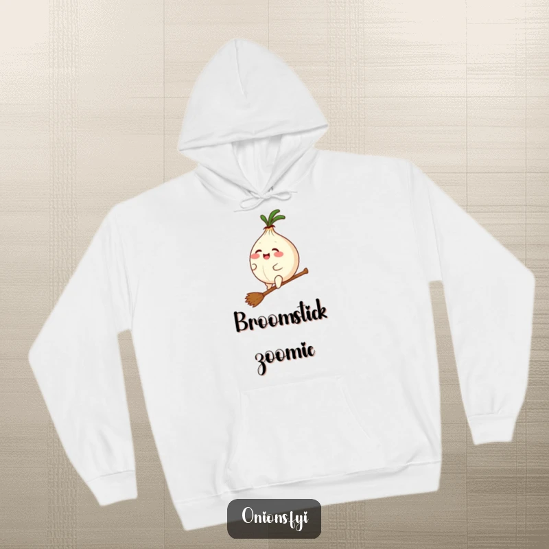 Funny hoodie featuring a plump kawaii onion giggling while riding a tiny broomstick, offering warmth and magical, humorous charm.