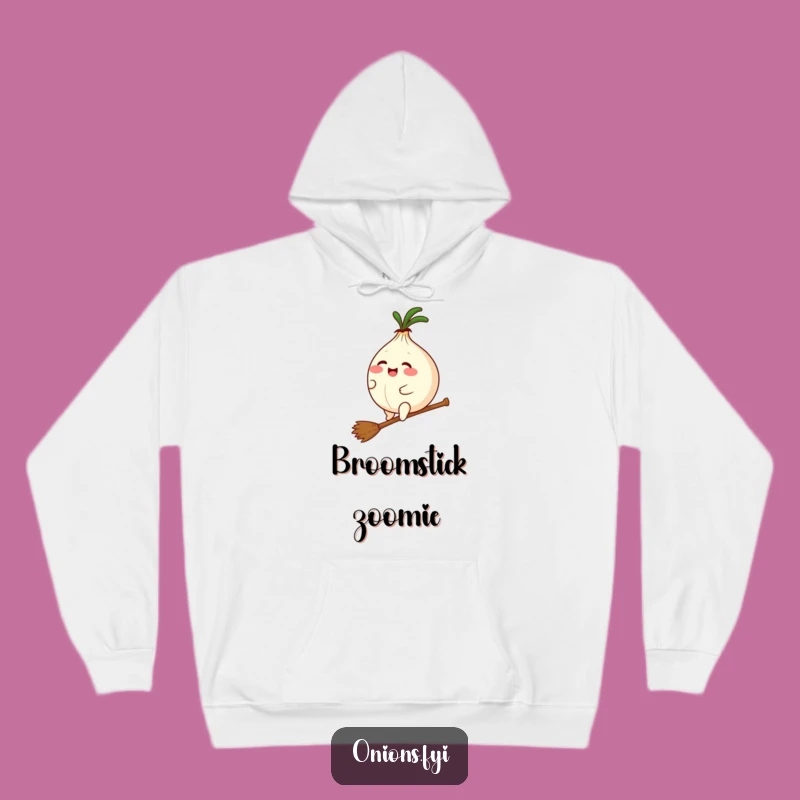 Funny Kawaii Onion Broomstick Hoodie - Cozy Magic & Humor, Great Gift!