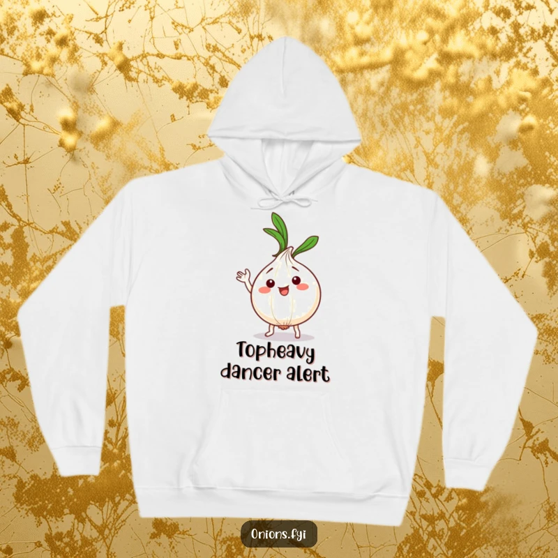 Funny Kawaii Onion Dance Hoodie: Cute onion character dancing silly, leafy top waving, cozy funny gift.
