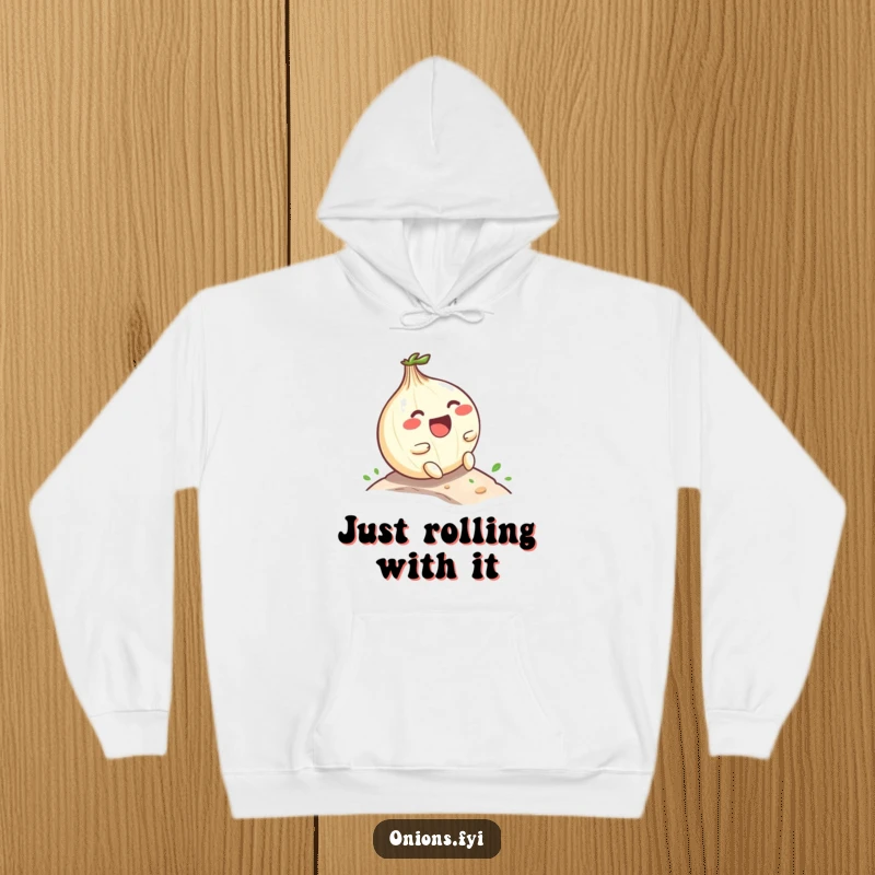 Funny Kawaii onion character laughing enthusiastically while rolling down a hill, warm hoodie design with joyful and humorous theme, comfortable wear.