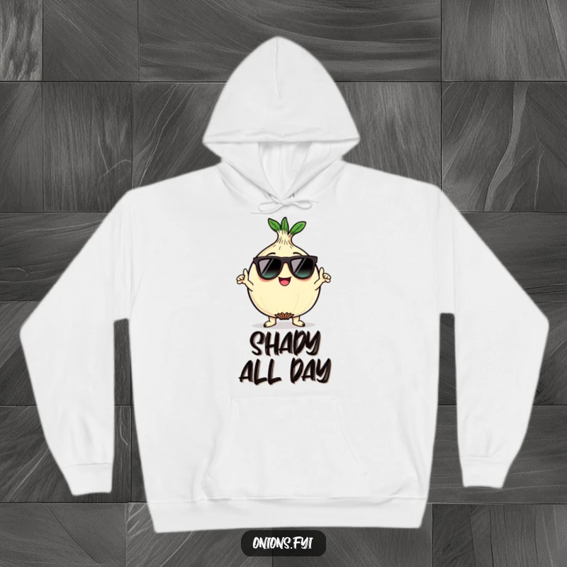Funny kawaii onion character wearing sunglasses and striking a cool pose on a cozy hoodie, a humorous and funny gift.
