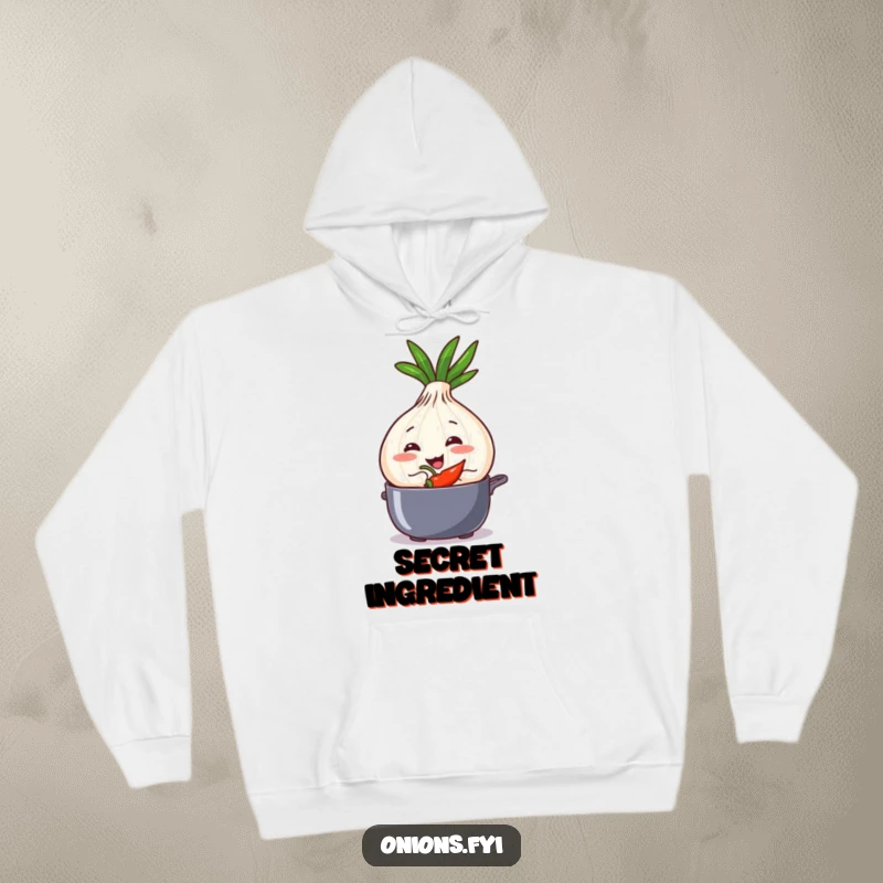 Funny onion character in a hoodie, grinning mischievously while adding a chili pepper to a pot.