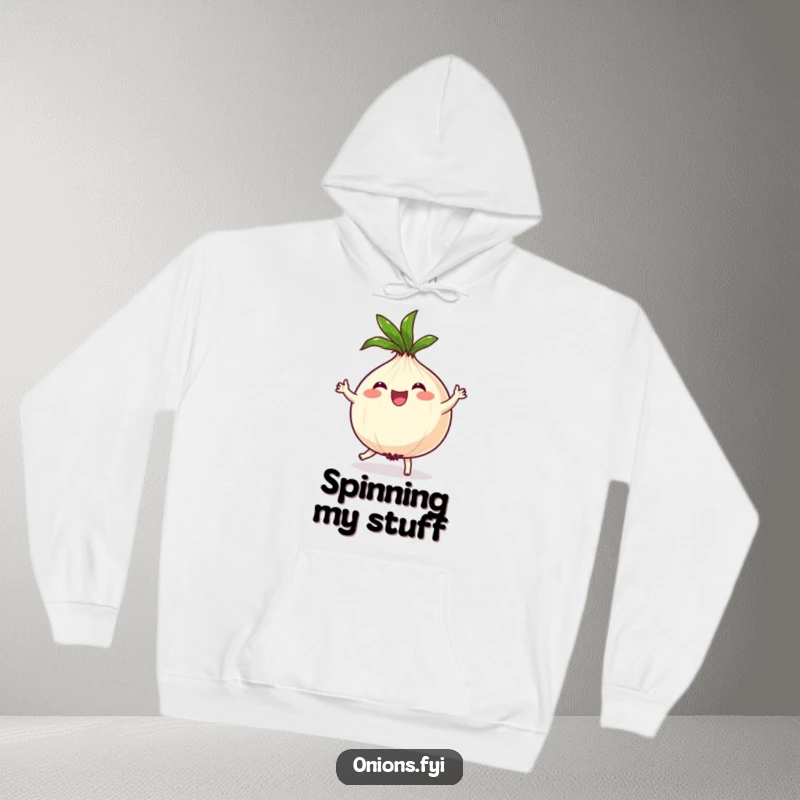 Funny Onion Hoodie: Joyful onion character doing a silly dance, leafy top spinning, promoting fun and laughter.