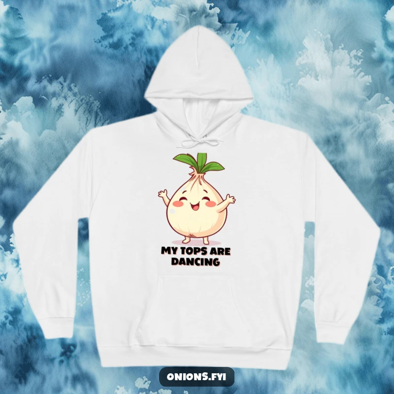 Funny onion character in a hoodie, dancing energetically with leafy green tops, radiating happiness.