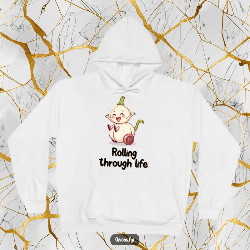 Funny hoodie with an onion character riding a rolling garlic clove, offering cozy humor and veggie adventure vibes.