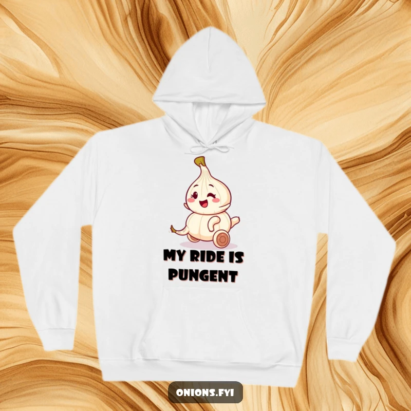 Funny hoodie depicting a winking onion character joyfully riding a rolling garlic clove, offering cozy amusement.