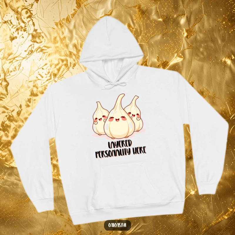 Funny hoodie with giggling onions hiding behind garlic cloves, depicting a hilarious vegetable game and a cozy, humorous scene.
