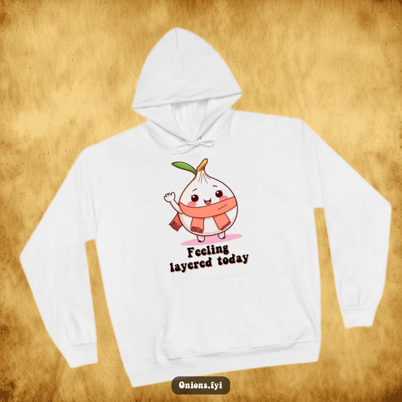 Funny hoodie with a joyful onion character sporting a small scarf and waving with glee.