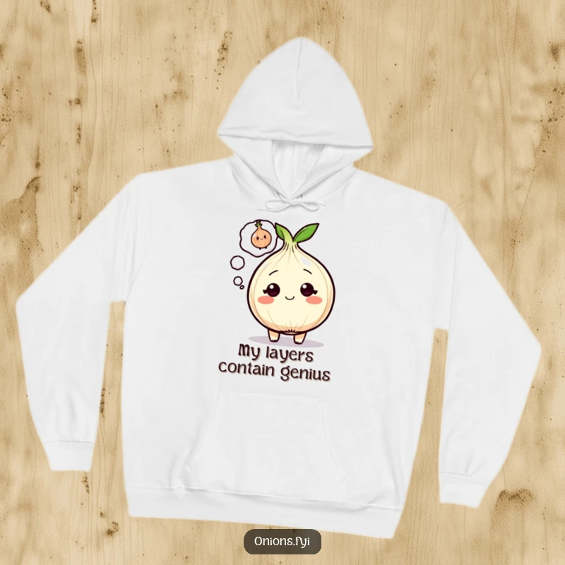Funny Onion Hoodie showcasing a cartoon onion with a thought bubble of a winking onion, conveying playful mischief.