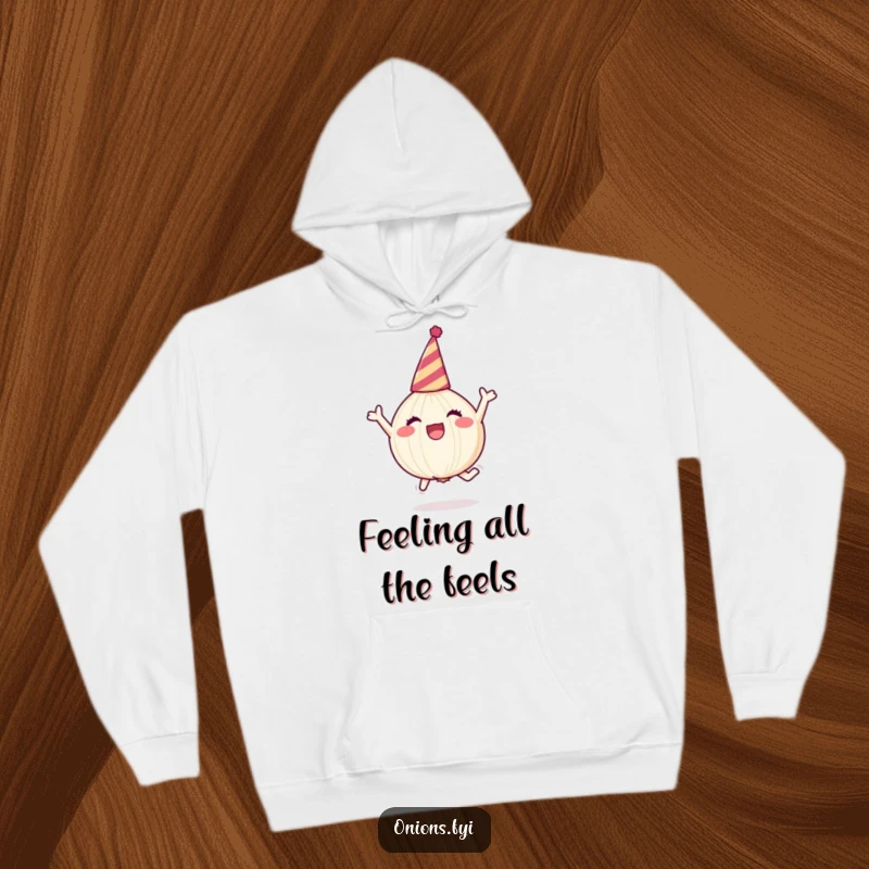Funny onion character in party hat, leaping joyfully, cozy hoodie, festive and funny gift.