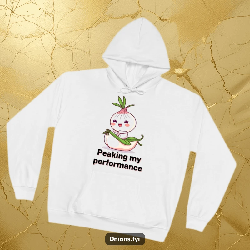 Funny Onion Hoodie: Playful onion character bounces on a tiny rolling pea, radiating fun and comfort.