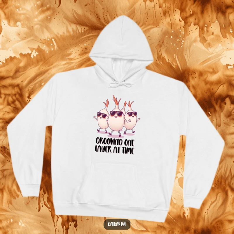 Funny onions wearing sunglasses dancing energetically, cozy hoodie, cool and funny gift.