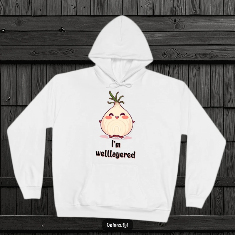 Funny onion character in a hoodie, blushing proudly while displaying its intricate layers.