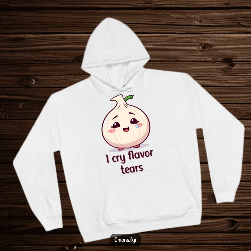 Funny hoodie depicting a smiling onion character shedding a single, sparkling tear, offering comfort and emotional resonance.