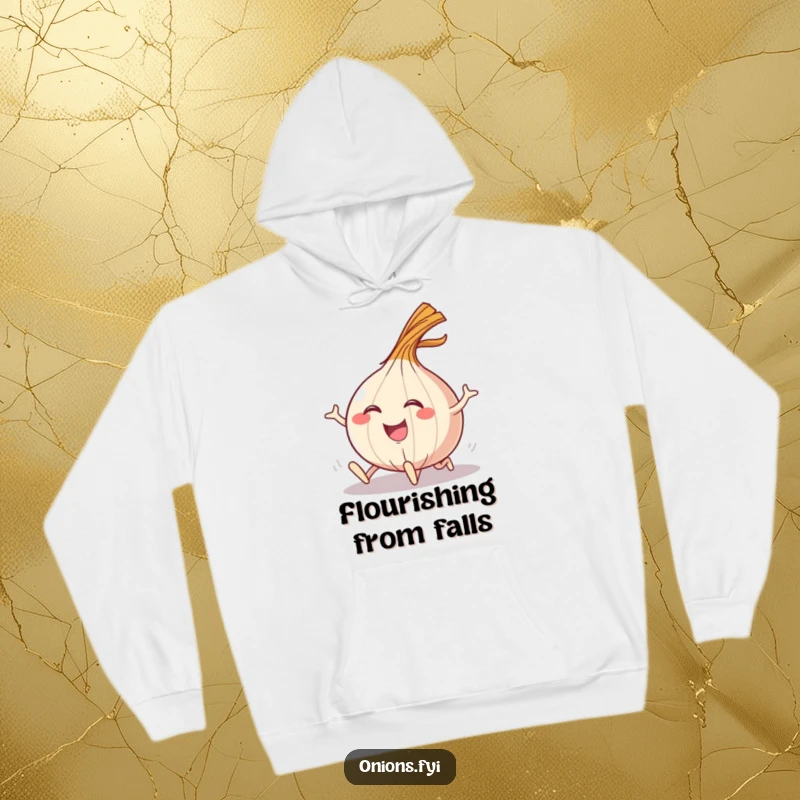 Funny hoodie depicting a happy onion character tripping and recovering with a theatrical flourish.