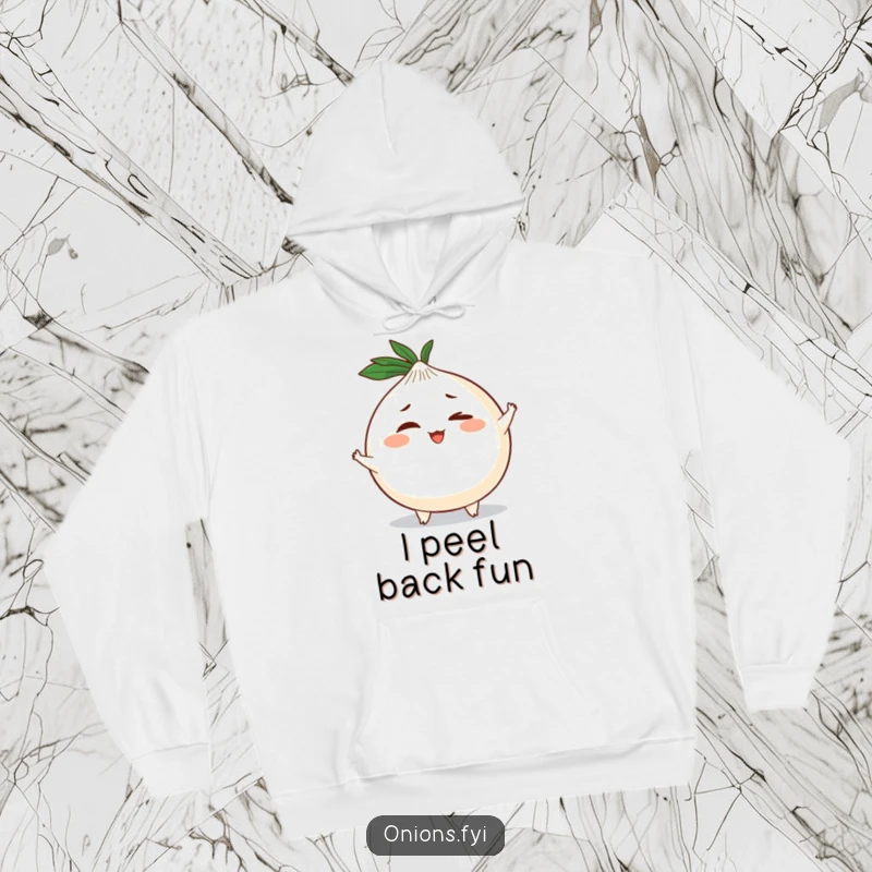 Funny hoodie with a round onion character, tiny limbs, and a mischievous wink, offering warmth and humor.