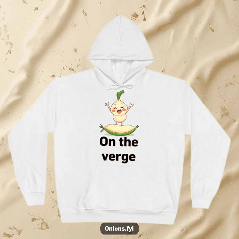 Cozy funny onion character balancing on a rolling pea, a warm and humorous hoodie for everyday wear.