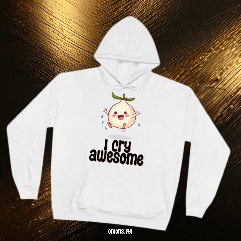 Cozy funny onion character doing a cartwheel, leaving tears, a warm and humorous hoodie for emotional expression.