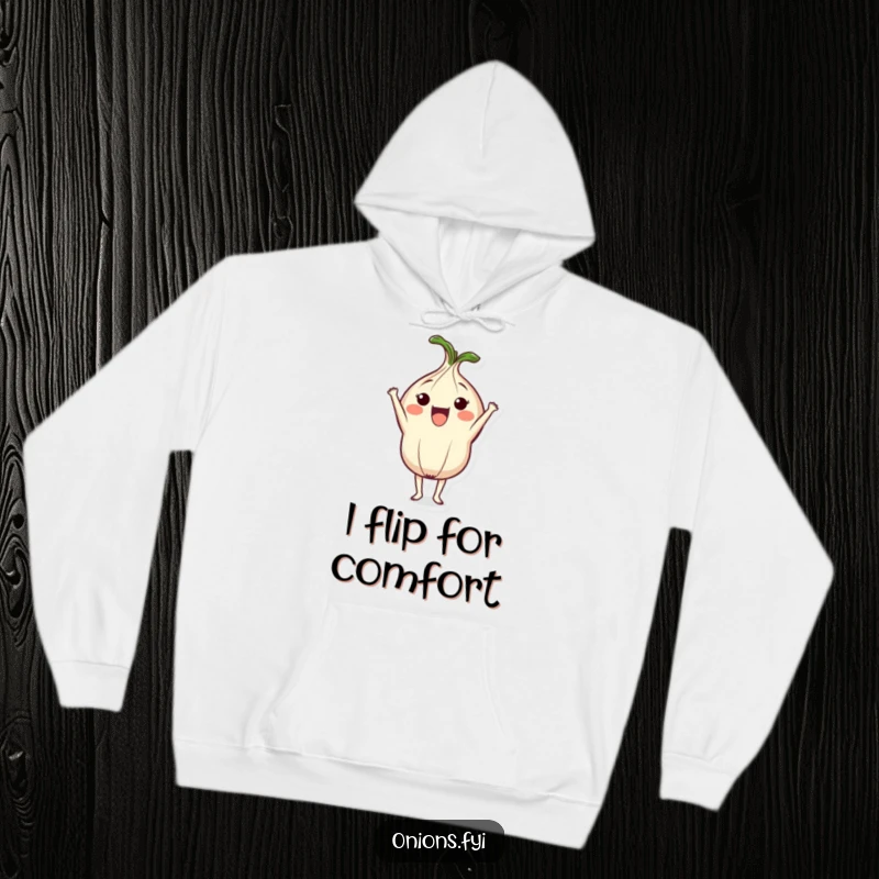 Funny hoodie featuring a cute onion character in a determined headstand, radiating positivity and comedic charm for chilly days.