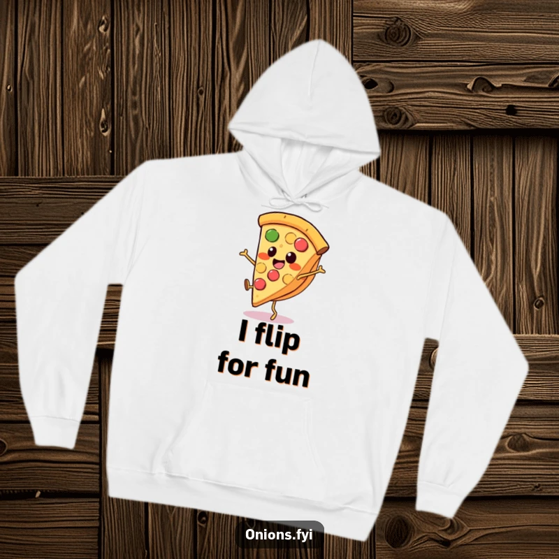Funny pizza hoodie, a smiling pizza slice with tiny legs performing a cartwheel, soft, warm, and amusing.