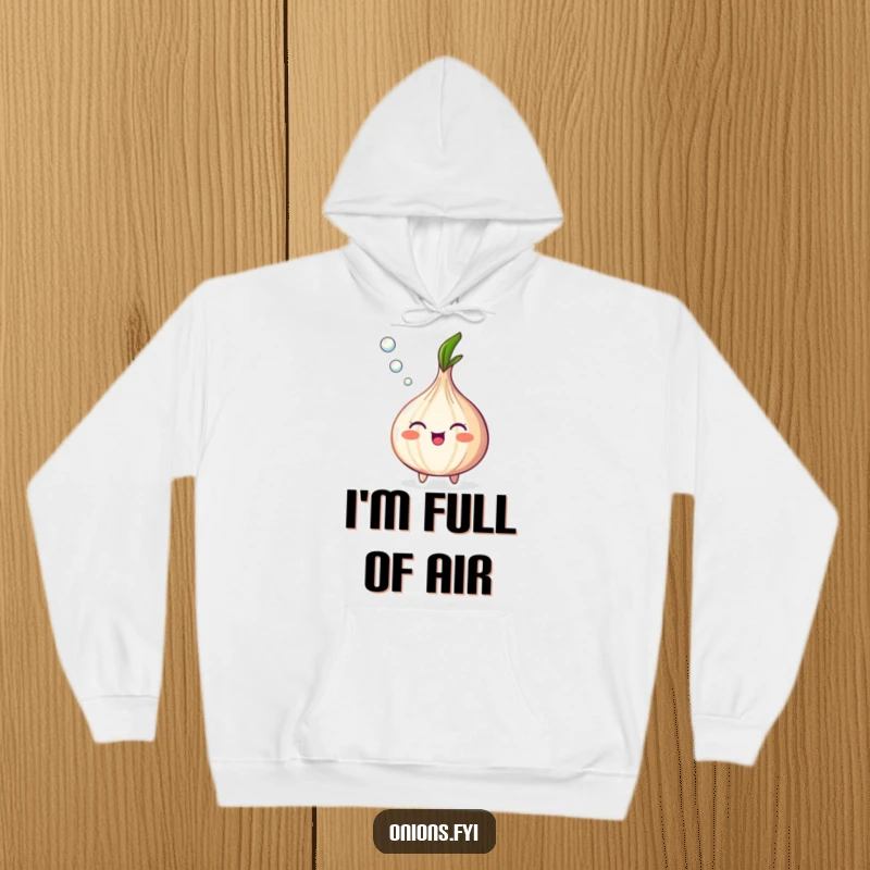 Funny Onion Hoodie depicting a cheerful onion exhaling a stream of tiny, iridescent bubbles, a playful design.