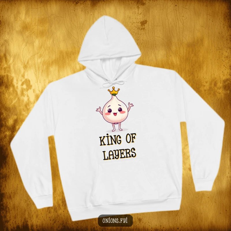 Funny hoodie showcasing a proud onion character wearing a small crown, striking a regal pose with comfortable, majestic vibes.
