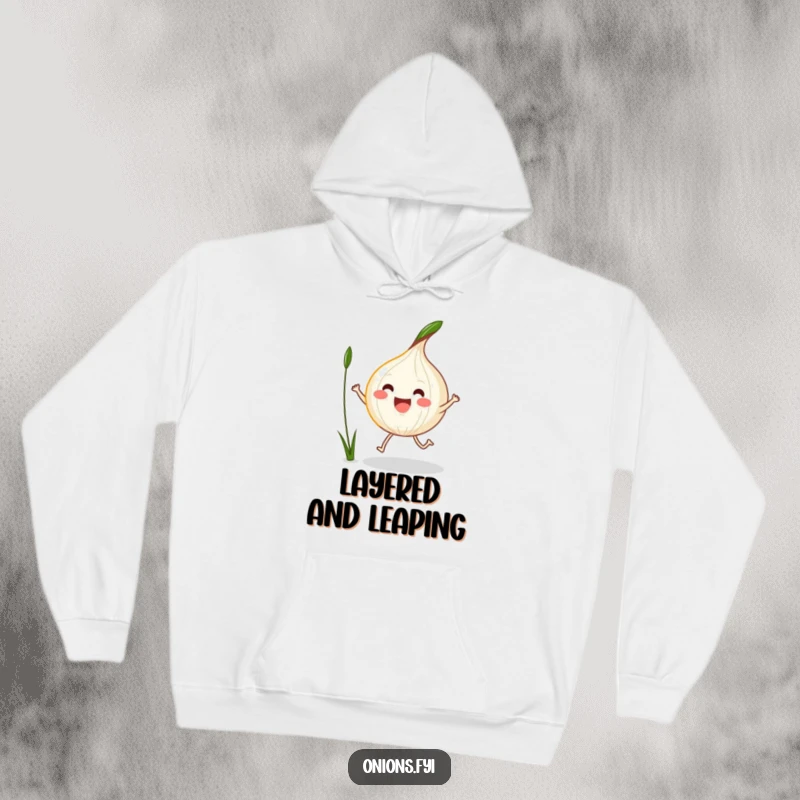 Funny Kawaii Onion Hoodie depicting an excited onion jumping rope with a blade of grass, cozy and cute.