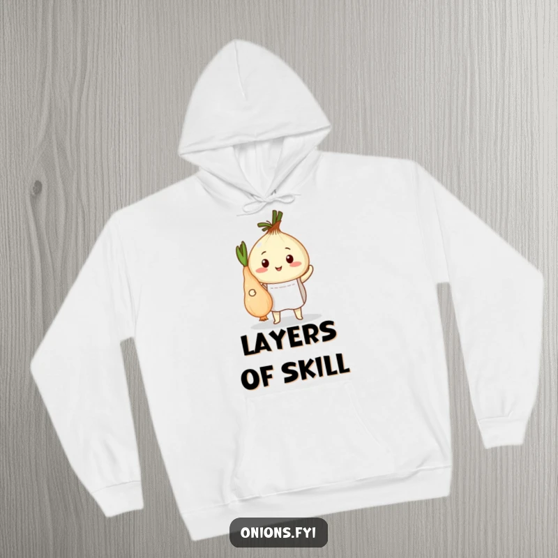 Funny hoodie featuring an onion chef in an apron proudly presenting a peeled root vegetable, a warm and humorous kitchen essential.