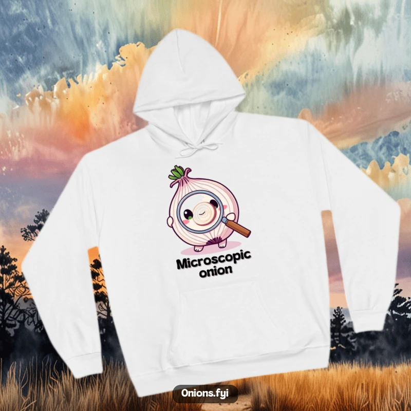 Funny hoodie depicting an onion character intently studying a tiny onion slice with a magnifying glass, promoting cozy observation.