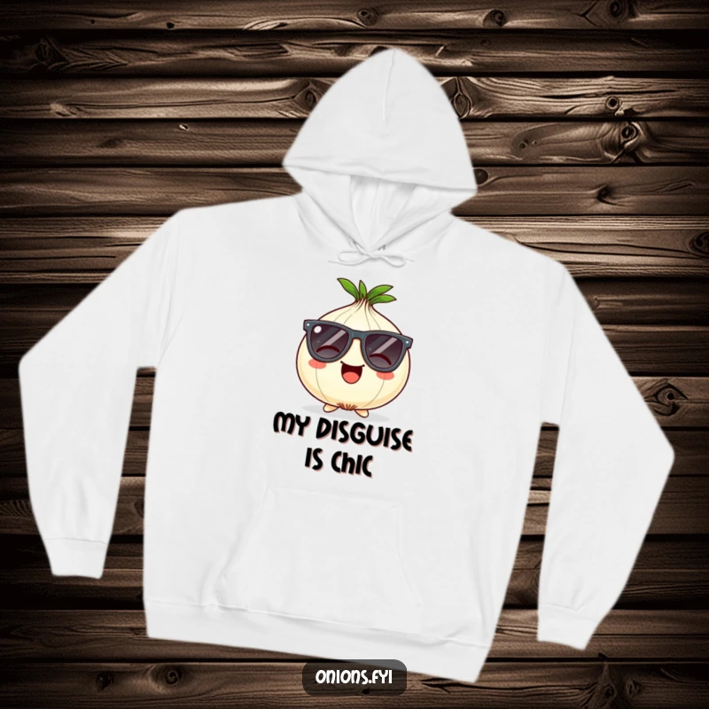 Funny Onion Hoodie: Giggling onion character wears huge comical sunglasses, radiating coolness and good humor.