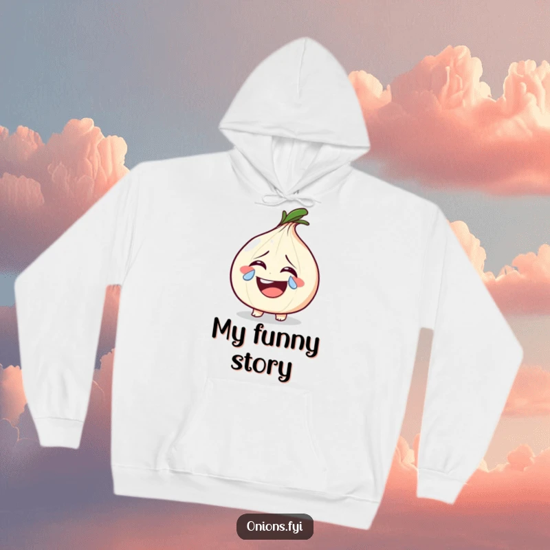 Funny onion shedding a sparkly tear from laughter on a cozy hoodie, symbolizing comfort and joyous amusement.