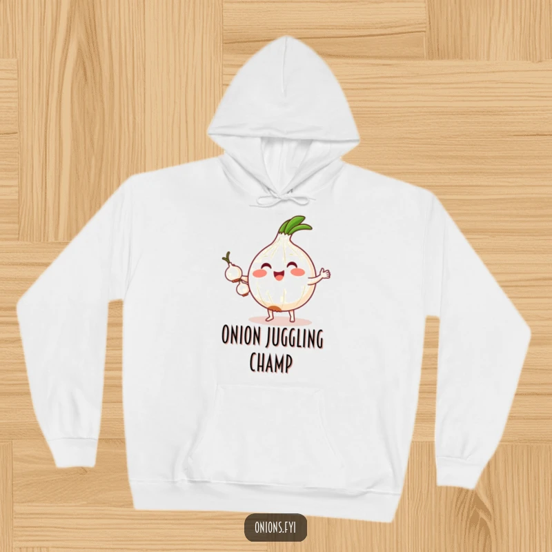 Funny hoodie featuring a charming kawaii onion with tiny feet, enthusiastically juggling three small onions, offering warmth and laughter.