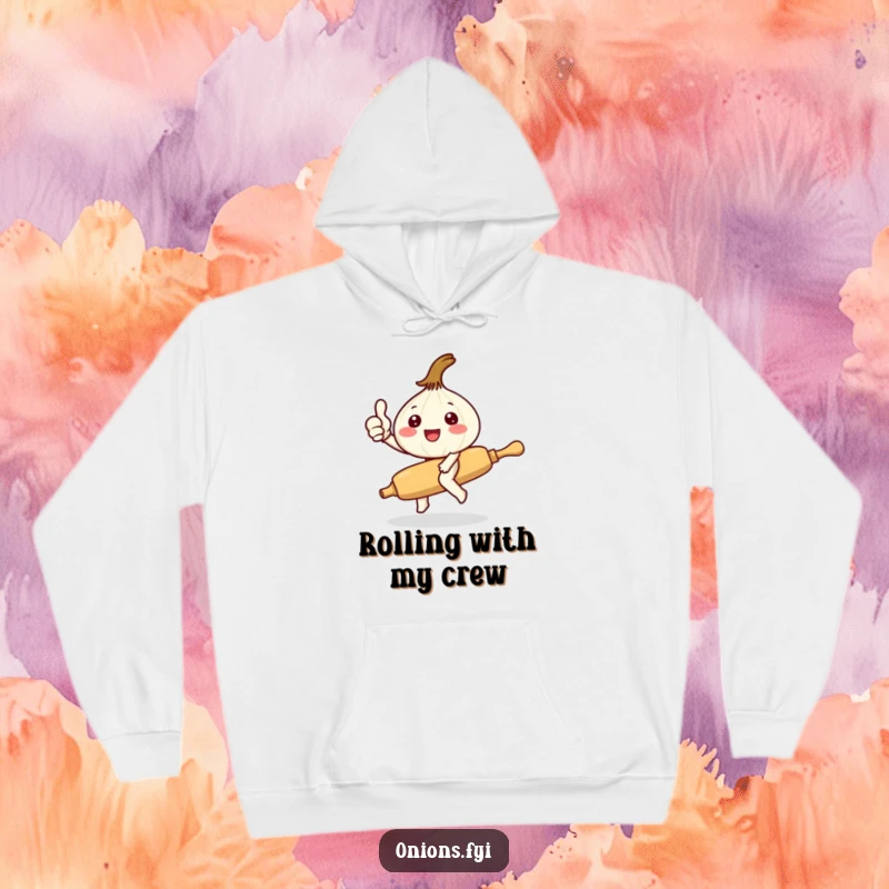 Funny Kawaii onion character on tiny rolling pin giving thumbs up, cozy hoodie design with playful kitchen humor and charming appeal.