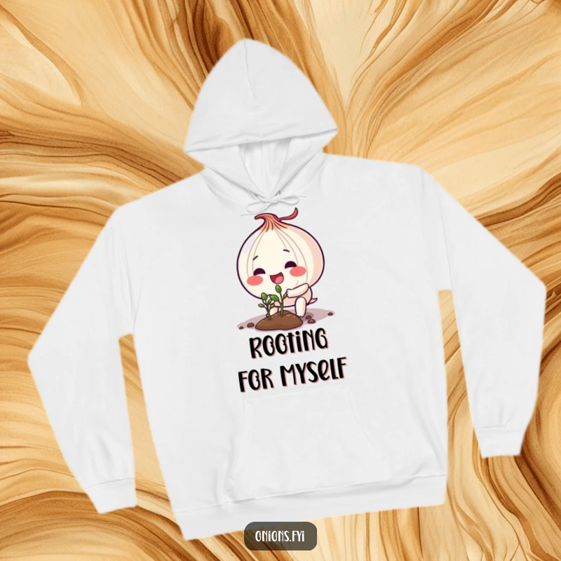 Funny hoodie featuring a determined onion character engrossed in the act of planting a small, delicate seedling.