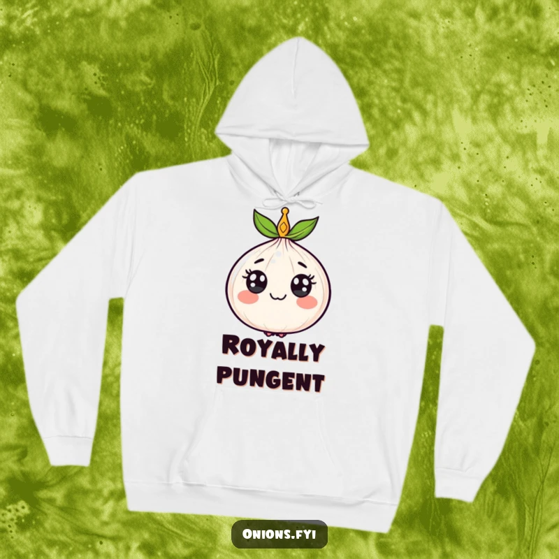Funny hoodie featuring a happy, crowned onion, symbolizing regal charm and comfortable, humorous style for all.