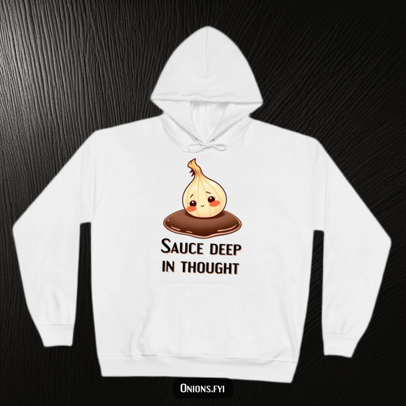 Funny hoodie depicting a brave onion character tentatively exploring a colossal blob of soy sauce, showcasing a sense of wonder and humor.