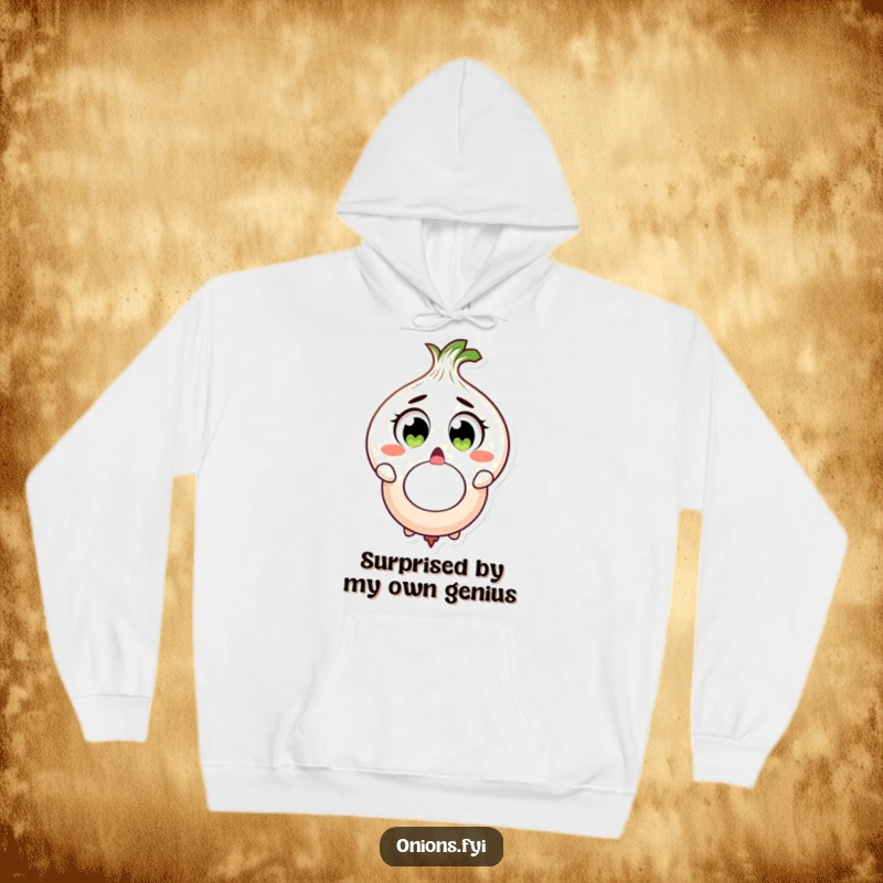 Funny onion character surprised, dropping large onion ring, cozy hoodie, hilarious and funny gift.
