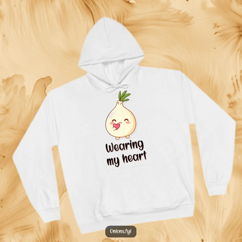 Funny Kawaii onion character holding a tiny heart above its head with affection, warm hoodie design with cute and loving theme, comfortable wear.