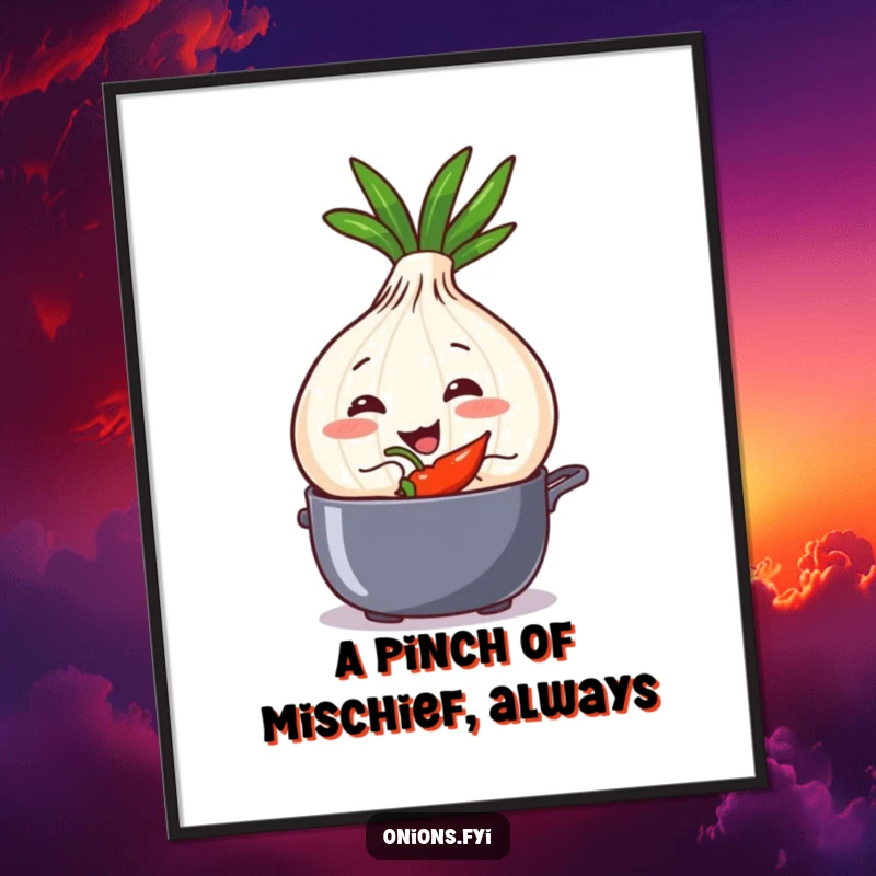 Funny Free Printable Wall Art showing a grinning onion character secretly adding a tiny chili pepper into a cooking pot.