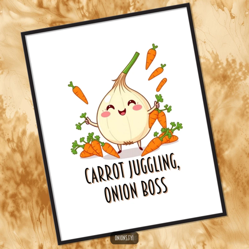 Funny Free Printable Wall Art showing a happy kawaii onion character gleefully juggling a bunch of tiny carrots with expert flair.