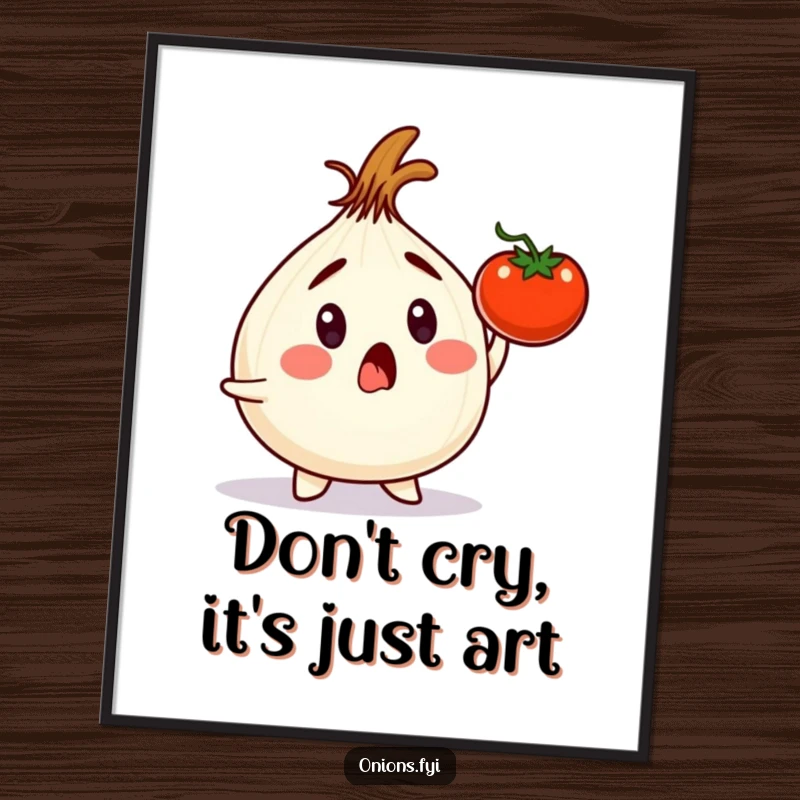 Funny Free Printable Wall Art depicting an onion in shock, narrowly avoiding a falling tomato, with intense expression.