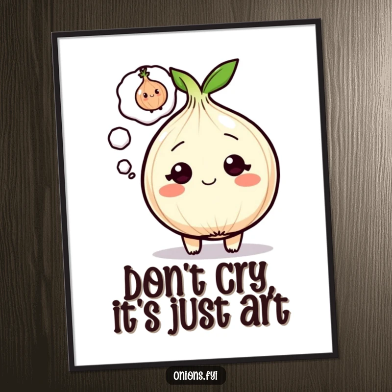 Funny Free Printable Wall Art: An onion character with a thought bubble featuring a tiny winking onion, perfect downloadable art.